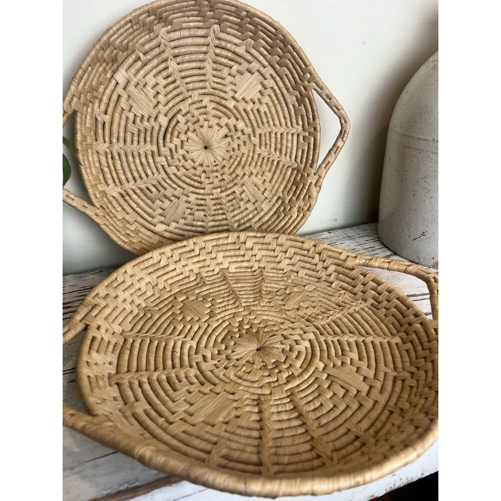 Vintage Woven Wicker Nesting Baskets Sunburst Pattern W/ Handles 14” x 11” Boho